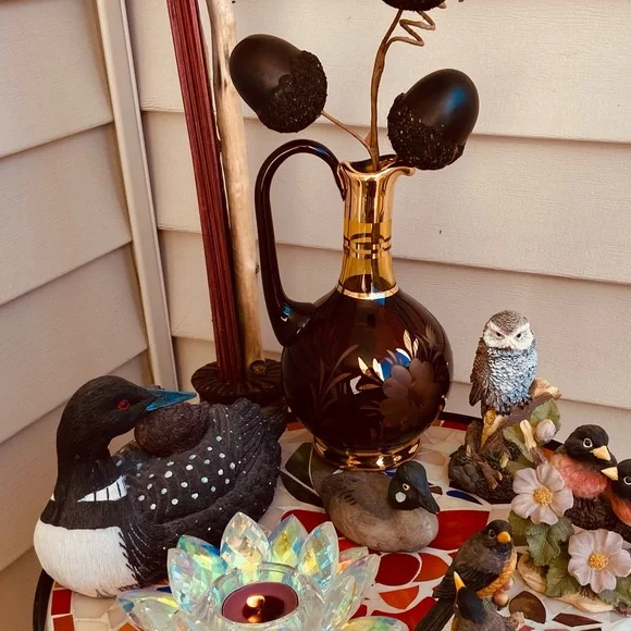 Old Etched & Gilded Mini Red Amber Glass Decanter/ Handle Beautiful Starburst🪻&✨ - Picture 8 of 16